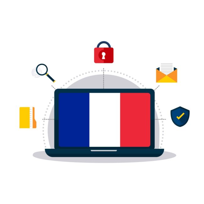 Ordinateur affichant le drapeau français, illustrant la cybersécurité et la souveraineté numérique en France