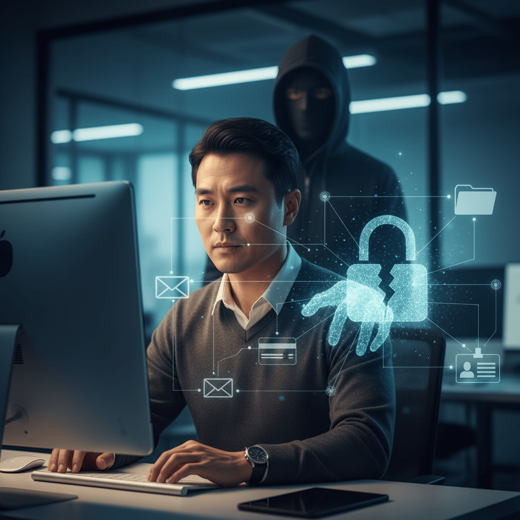 Employé concentré devant un ordinateur tandis qu’une silhouette de hacker se tient derrière lui, représentant la faille humaine exploitée dans les cyberattaques.