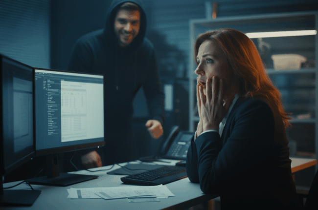 Illustration représentant la fraude à la paie dans les services RH, avec un accent sur la cybersécurité et la vigilance des employés, Hucency