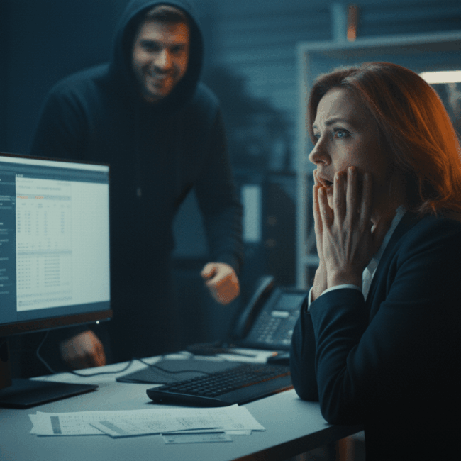 Illustration représentant la fraude à la paie dans les services RH, avec un accent sur la cybersécurité et la vigilance des employés, Hucency