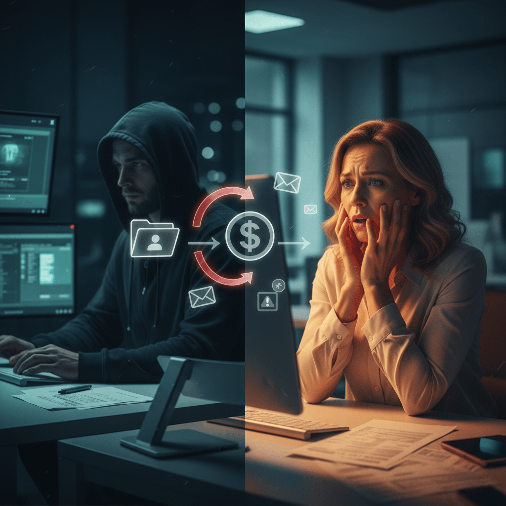 Hacker manipulant un système de paie pendant qu’une gestionnaire RH découvre avec stupeur le détournement de salaires. Illustration de la fraude à la paie.