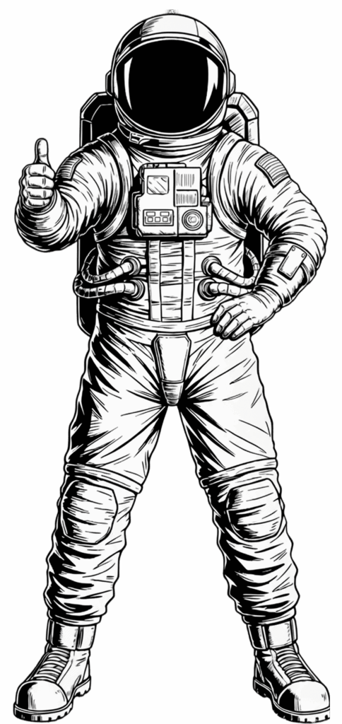 Illustration d’un astronaute levant le pouce, symbole de confiance et de réussite, représentant l’approche bienveillante et proactive de Hucency dans la prévention des fraudes à la paie.