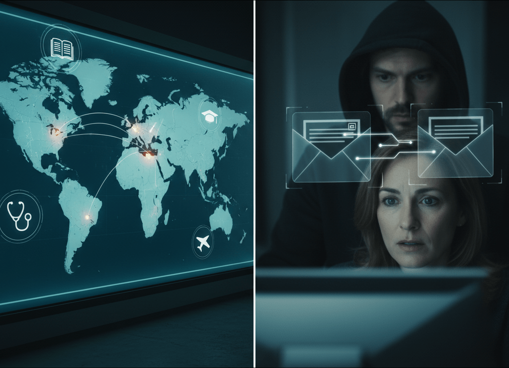 Carte du monde illustrant la propagation mondiale des cyberattaques ciblant les services RH, la santé, l’éducation et le transport aérien, symbole d’une menace en expansion.
