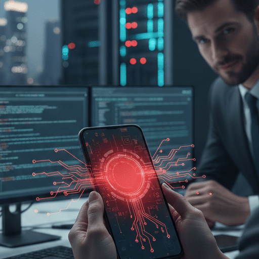 Détection d'un logiciel espion smartphone sur un téléphone mobile dans un bureau, symbolisant l'ennemi invisible des employés.